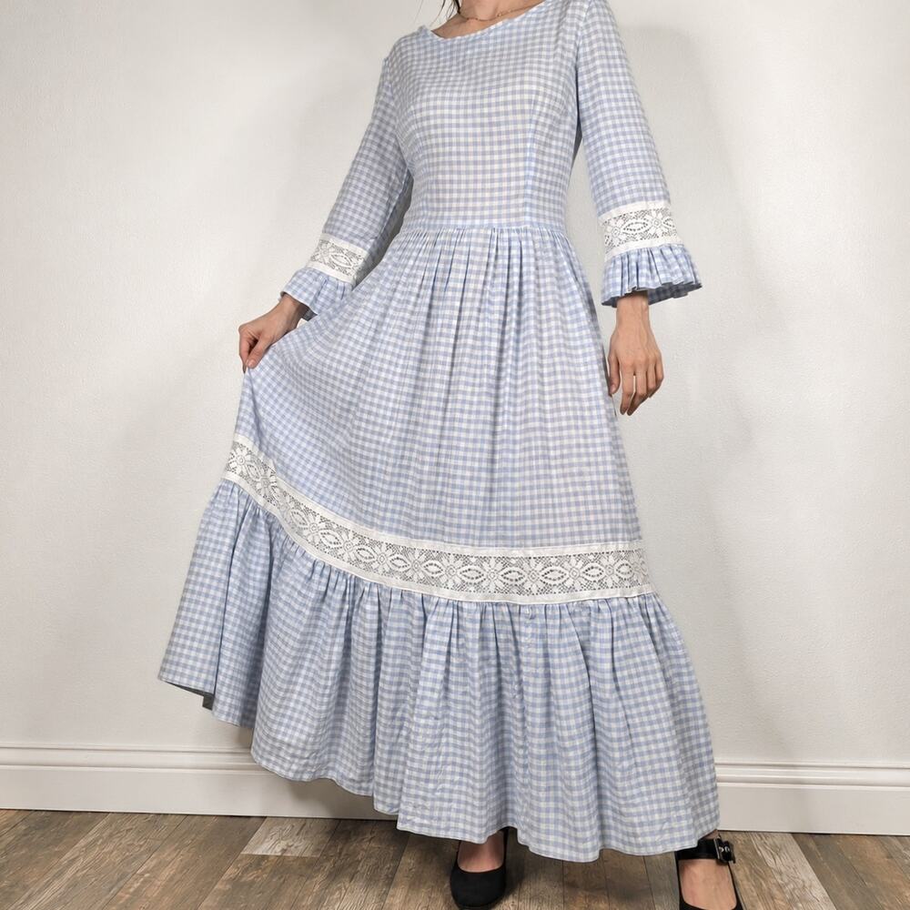 Vintage Blue Gingham Prairie Maxi Dress Cottagecore Lace Handmade Medium Picnic
